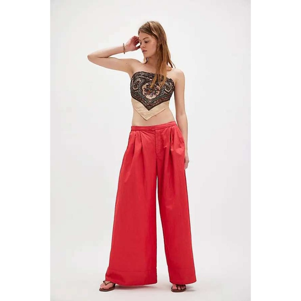 Free People Paige Wide-Leg Pants S Red Boho Pleated Elastic Waist Crisp Cotton